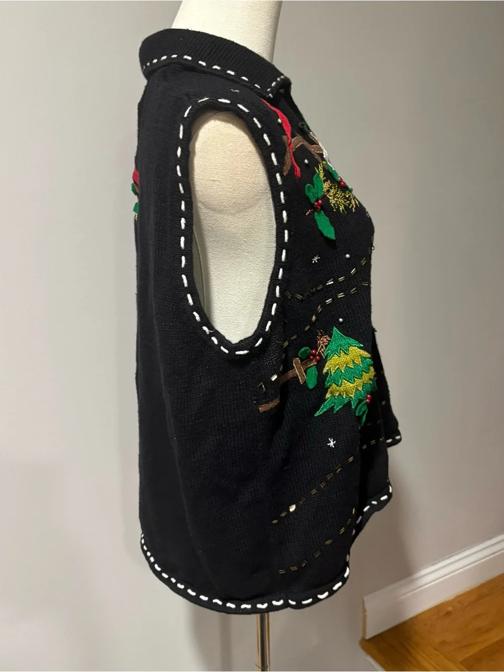 VTG Ugly Christmas Sweater Vest Tree Zip Cardinals Black Beaded Holiday Sz XL